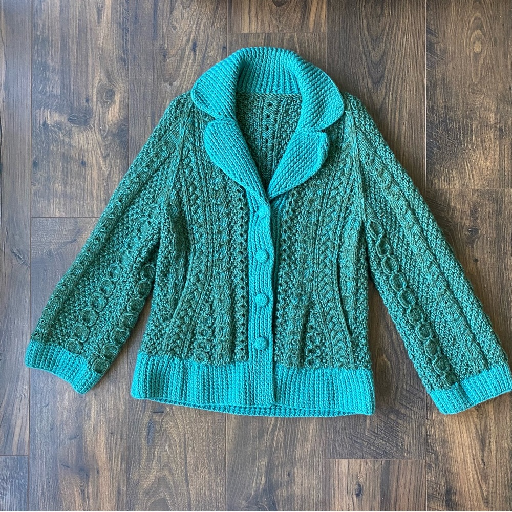 Vintage Cable Knit Shawl Collar Cardigan Fisherman Grandpa Sweater Wool Blend